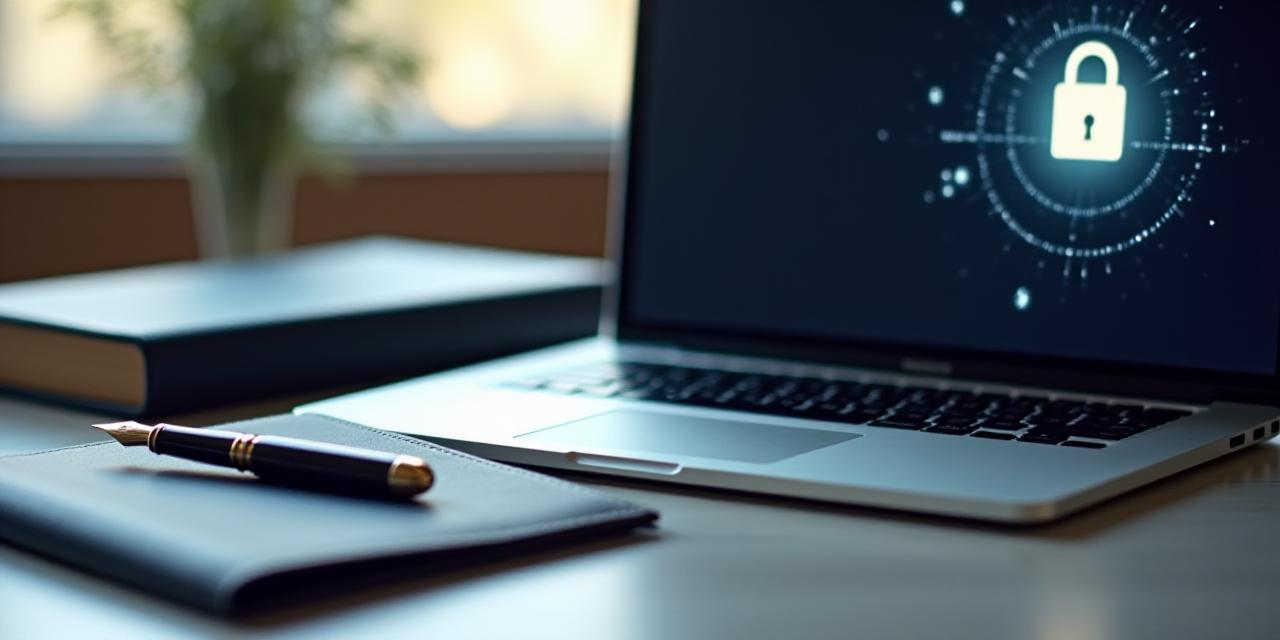 Close up of a professional desk with legal documents and a secure laptop showing encryption symbols